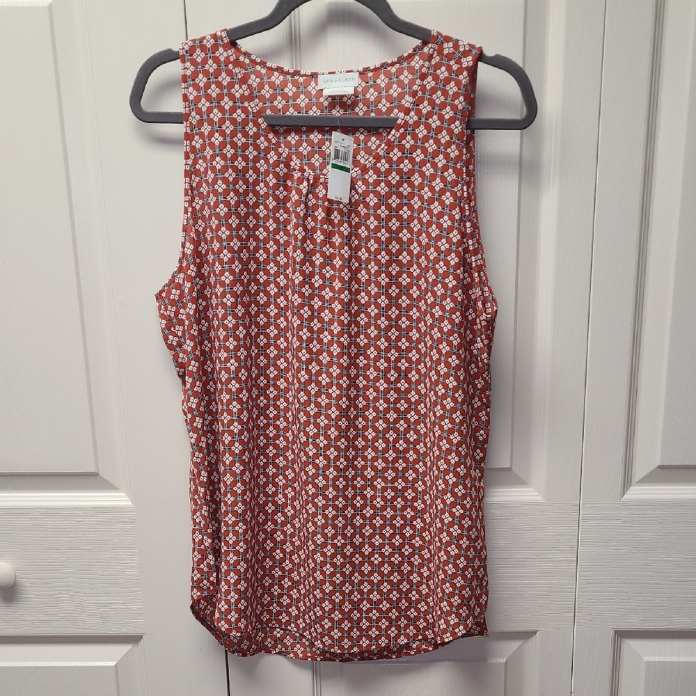 NWT Van Heusen Sleeveless Blouse - Red and White Geometric Pattern size Large